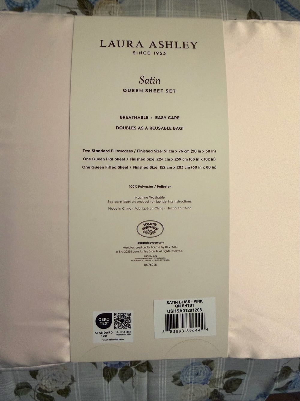 Satin Bliss Pale PINK Laura Ashley Queen Sheet Set - BONUS Storage Bag NWT - Picture 6 of 7